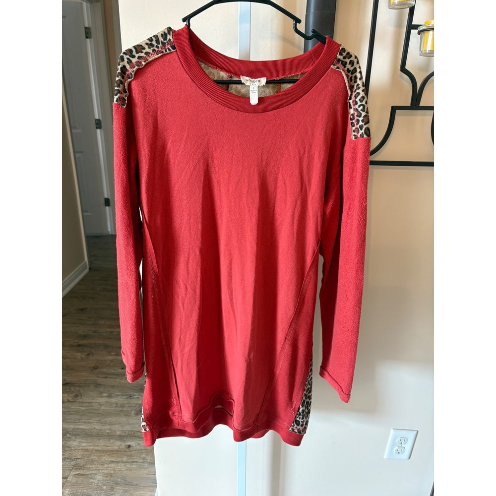 Umgee USA Womens Red Leopard Print Back Long Sleeve Dress Tunic Top Large